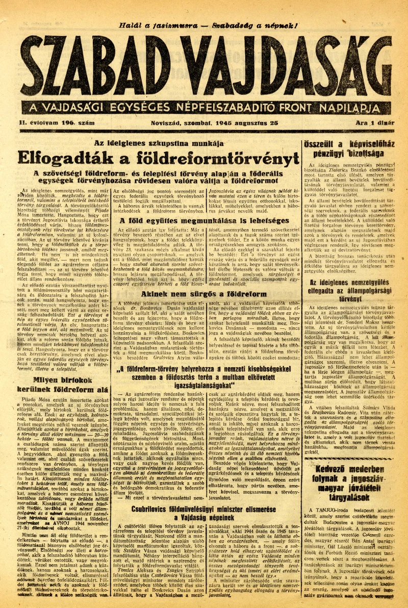 Szabad Vajdaság, 2. évf. 1945. augusztus 25. 196. sz.