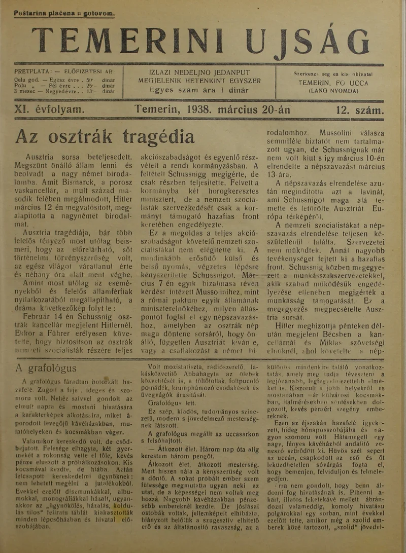 Temerini Újság 1928-1944, 11. évf. 1938. március 20. 12. sz.
