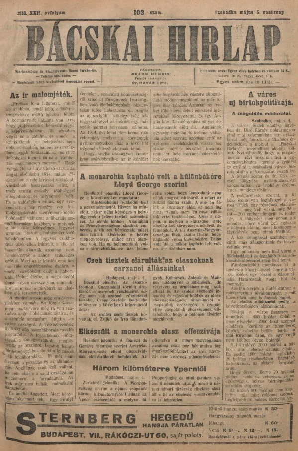 Bácskai Hirlap, 22. évf. 1918. május 5. 103. sz.