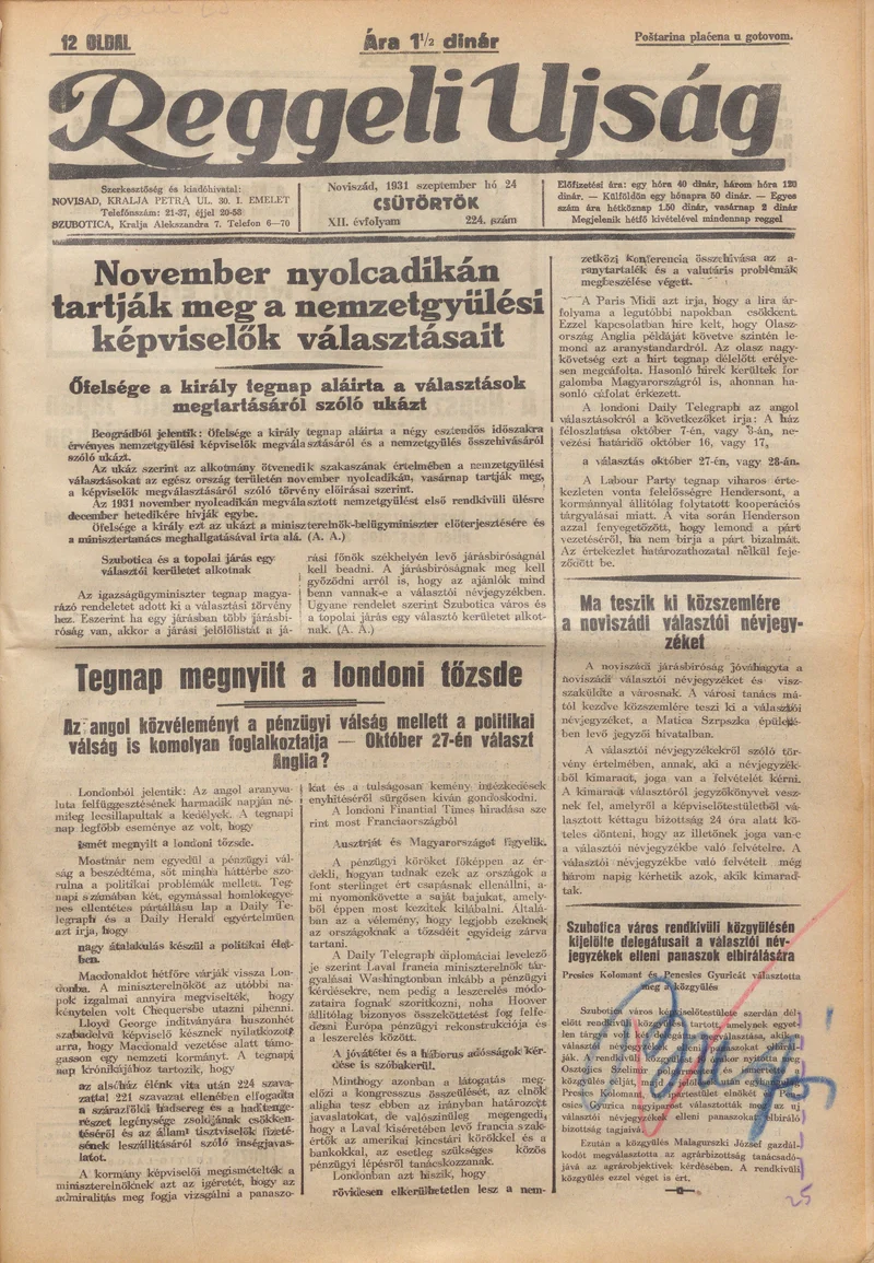 Reggeli Újság, 12. évf. 1931. szeptember 24. 224. sz.