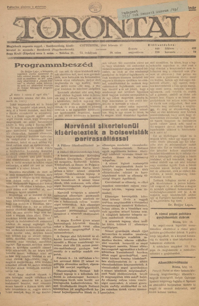 Torontál, 73. évf. 1944. február 17. 39. sz.
