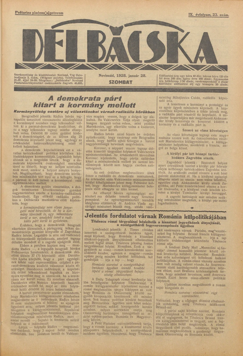 Délbácska, 9. évf. 1928. január 28. 23. sz.