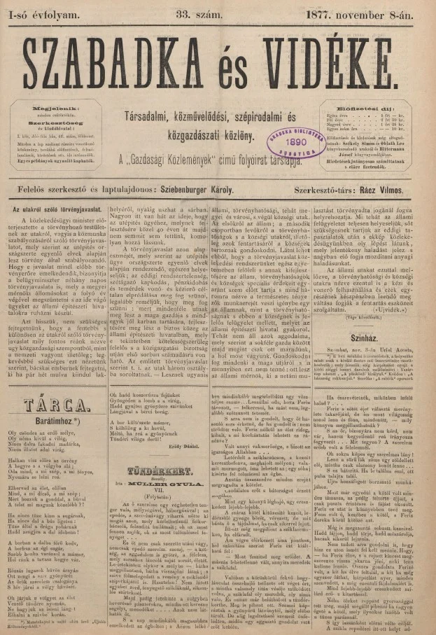 Szabadka és vidéke, 1. évf. 1877. november 8. 33. sz.