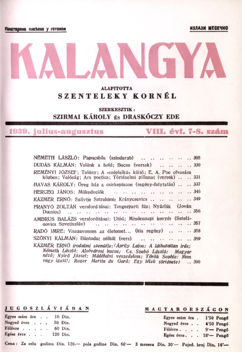 Kalangya, 8. évf. 1939. július – augusztus. 7–8. sz. 305–400. oldal