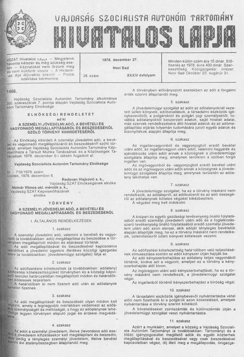 Vajdaság Szocialista Autonóm Tartomány Hivatalos Lapja, 34. évf. 1978. december 27. 38. sz. 1717–1752. oldal