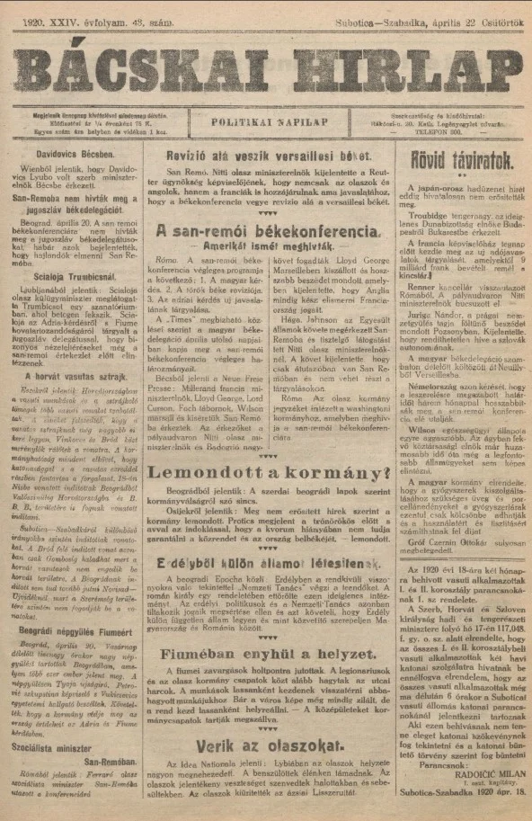 Bácskai Hirlap, 24. évf. 1920. április 22. 43. sz.