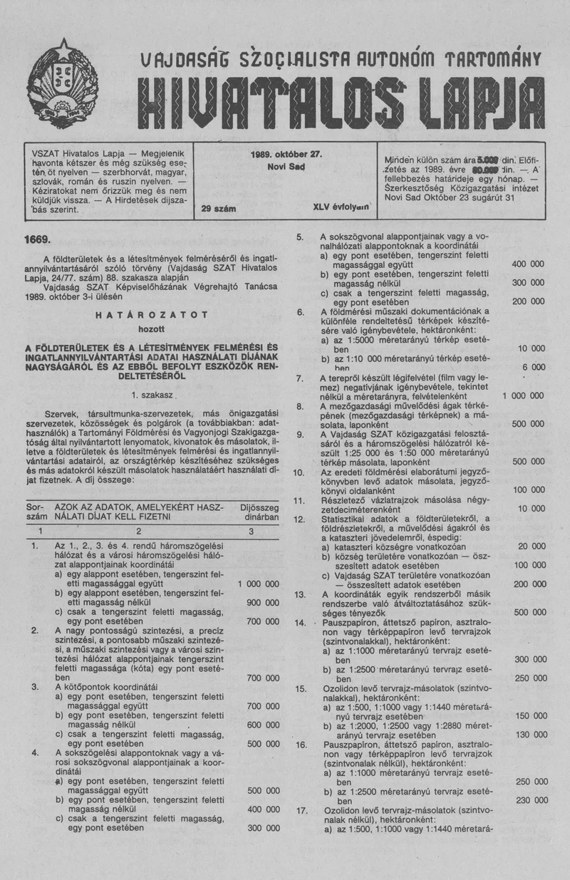 Vajdaság Szocialista Autonóm Tartomány Hivatalos Lapja, 45. évf. 1989. október 27. 29. sz.