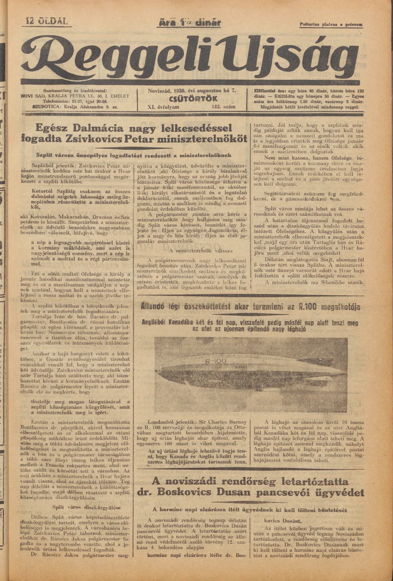 Reggeli Újság, 11. évf. 1930. augusztus 7. 182. sz.