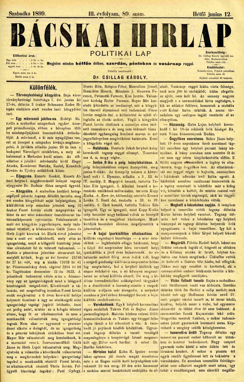 Bácskai Hirlap, 3. évf. 1899. június 12. 89. sz.
