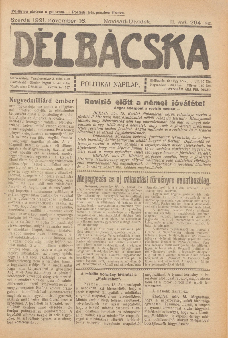 Délbácska, 2. évf. 1921. november 16. 264. sz.