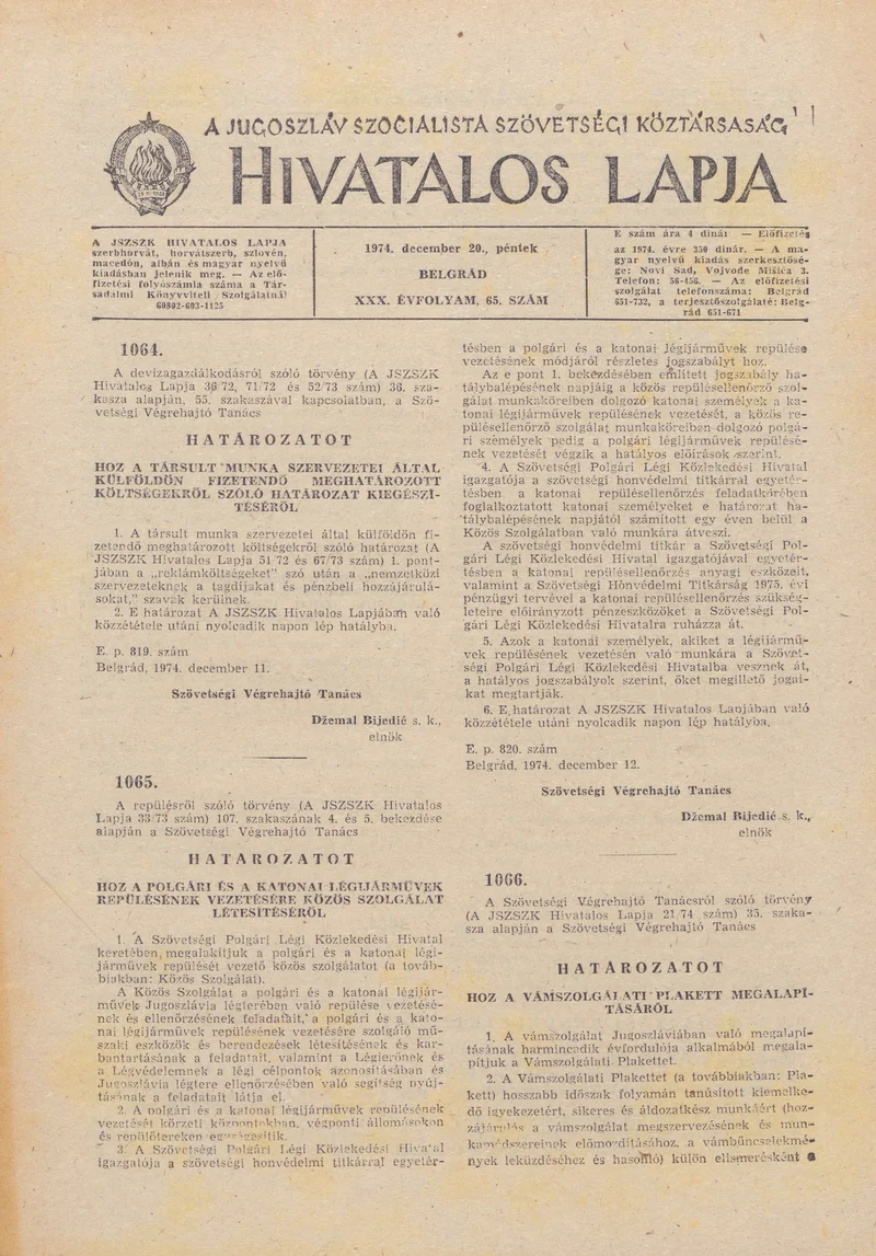A Jugoszláv Szocialista Szövetségi Köztársaság Hivatalos Lapja, 30. évf. 1974. december 20. 65. sz. 1913–1928. oldal
