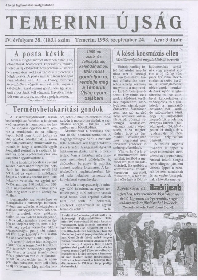 Temerini Újság, 4. évf. 1998. szeptember 24. 38. sz.