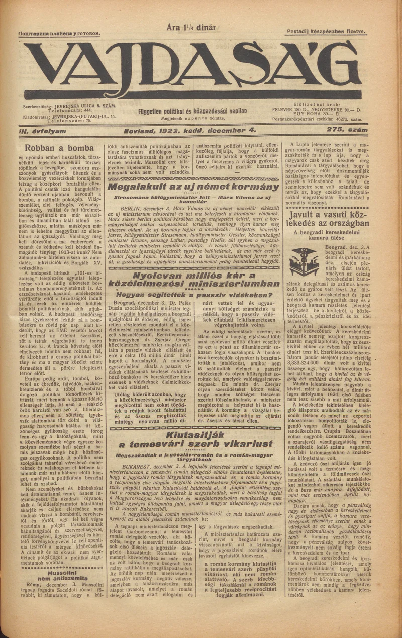 Vajdaság, 3. évf. 1923. december 4. 275. sz.