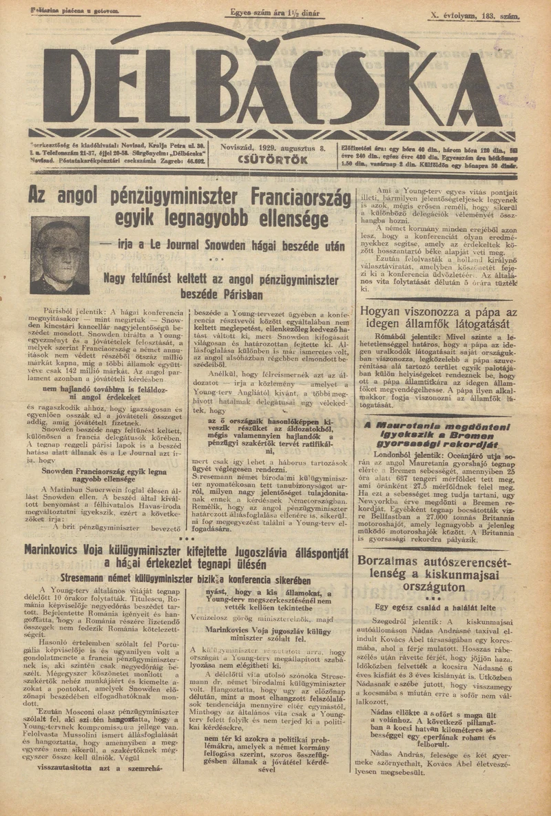 Délbácska, 10. évf. 1929. augusztus 8. 183. sz.