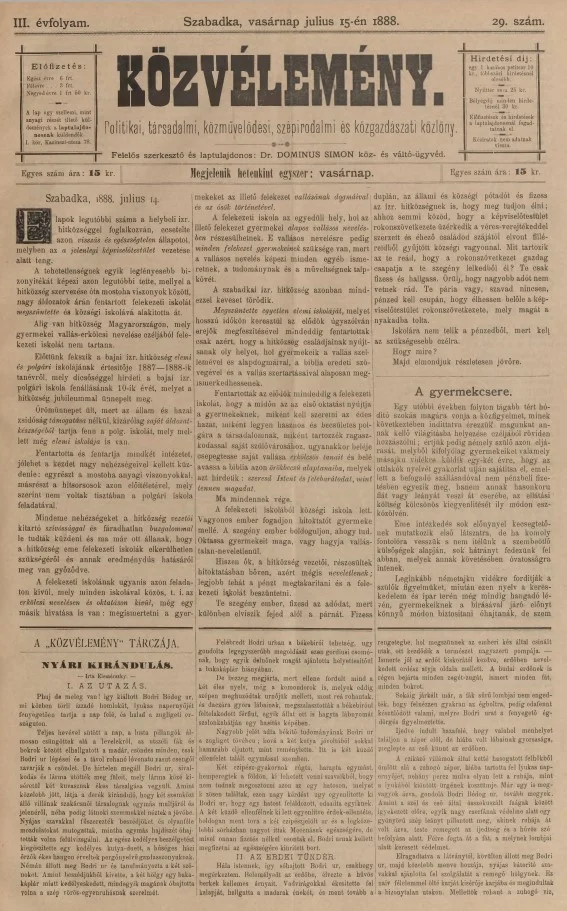Közvélemény, 3. évf. 1888. július 15. 29. sz.