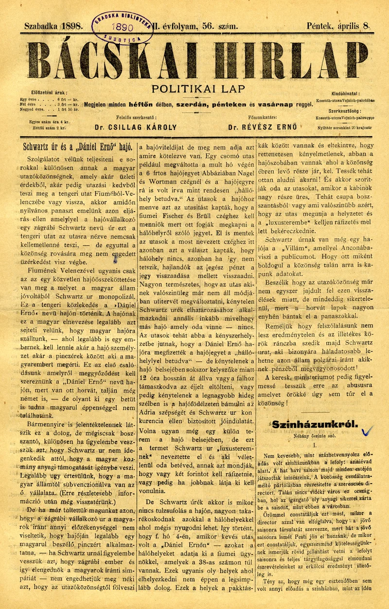 Bácskai Hirlap, 2. évf. 1898. április 8. 56. sz. 1–4. oldal