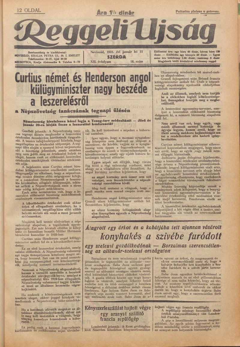 Reggeli Újság, 12. évf. 1931. január 21. 16. sz.
