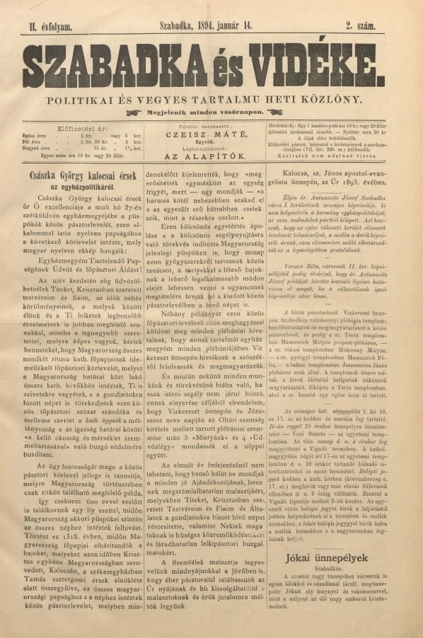 Szabadka és vidéke II, 1. évf. 1894. január 14. 2. sz.