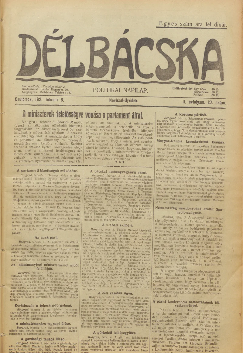 Délbácska, 2. évf. 1921. február 3. 27. sz.