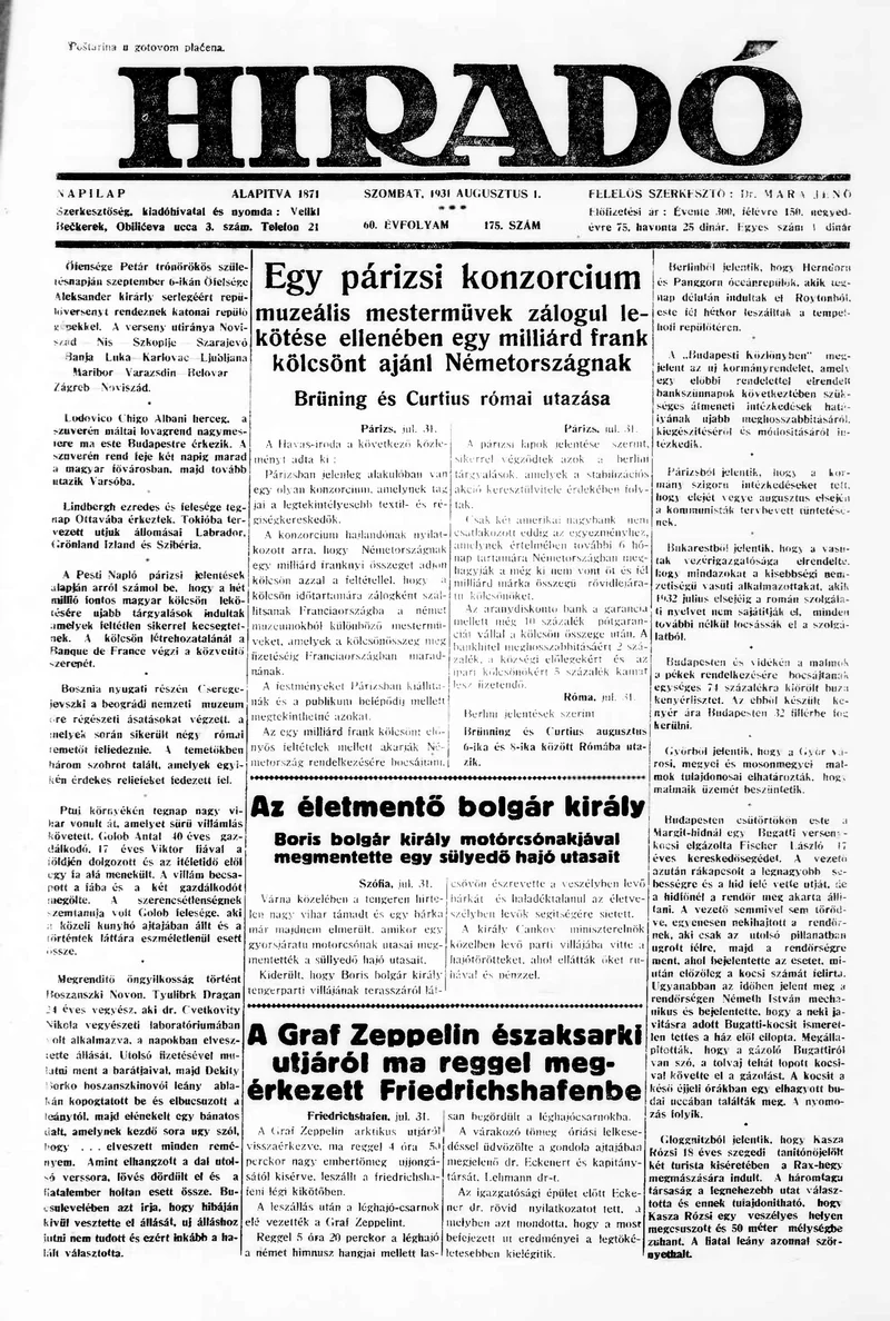 Híradó, 60. évf. 1931. augusztus 1. 175. sz.