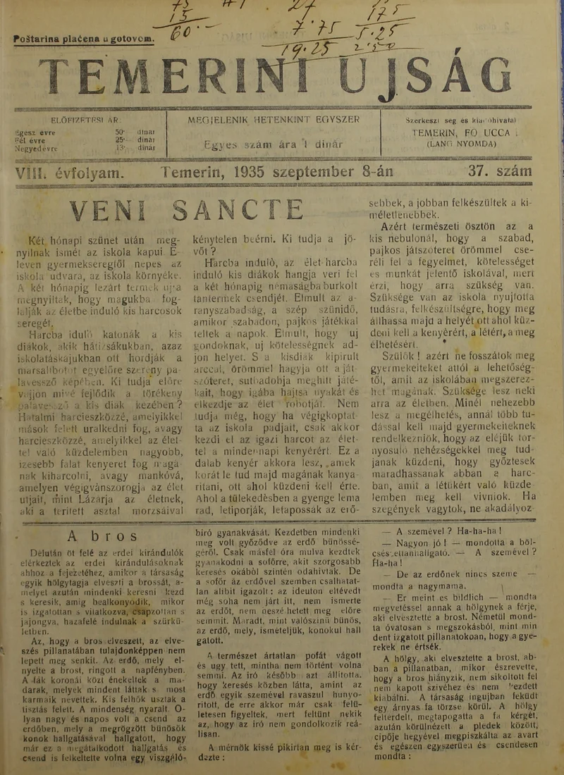 Temerini Újság 1928-1944, 8. évf. 1935. szeptember 8. 37. sz.