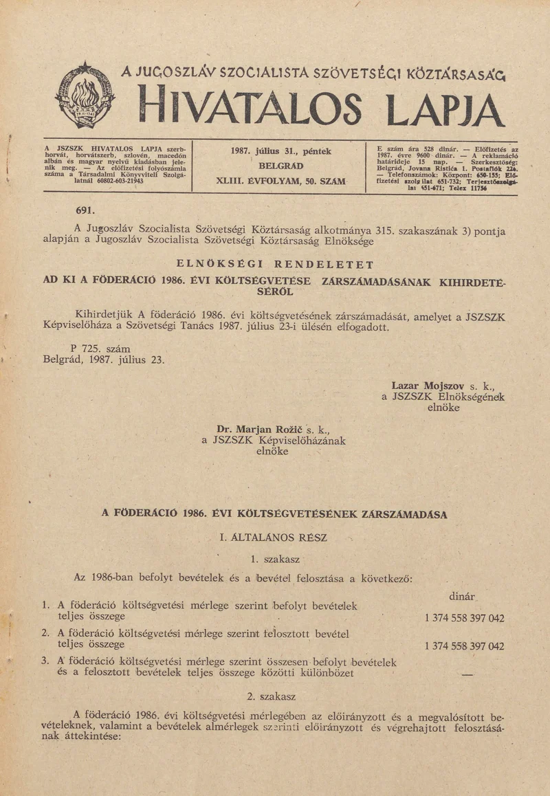 A Jugoszláv Szocialista Szövetségi Köztársaság Hivatalos Lapja, 43. évf. 1987. július 31. 50. sz. 1237–1284. oldal