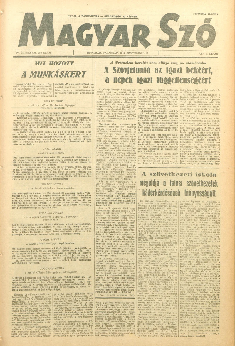 Magyar Szó, 4. évf. 1947. szeptember 21. 232. sz. 1–8. oldal