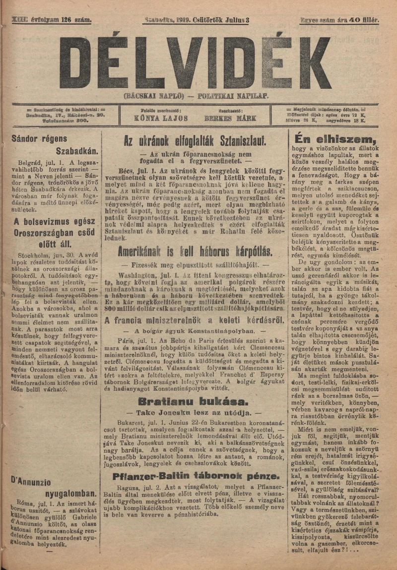 Délvidék, 13. évf. 1919. július 3. 126. sz.