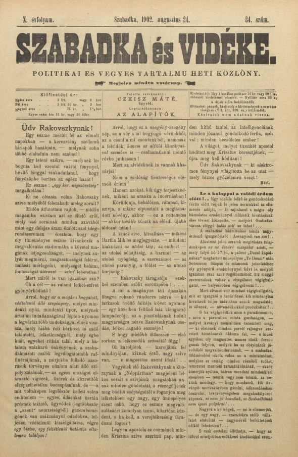 Szabadka és vidéke II, 10. évf. 1902. augusztus 24. 34. sz.