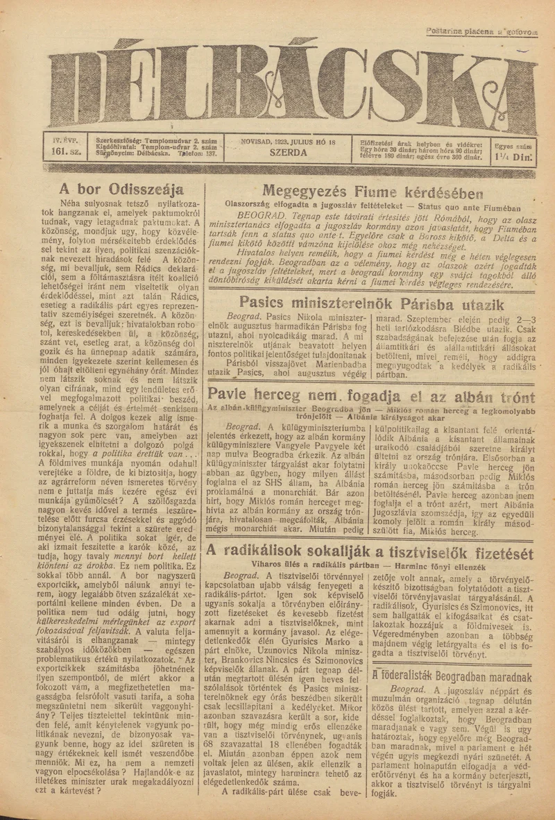 Délbácska, 4. évf. 1923. július 18. 162. sz.
