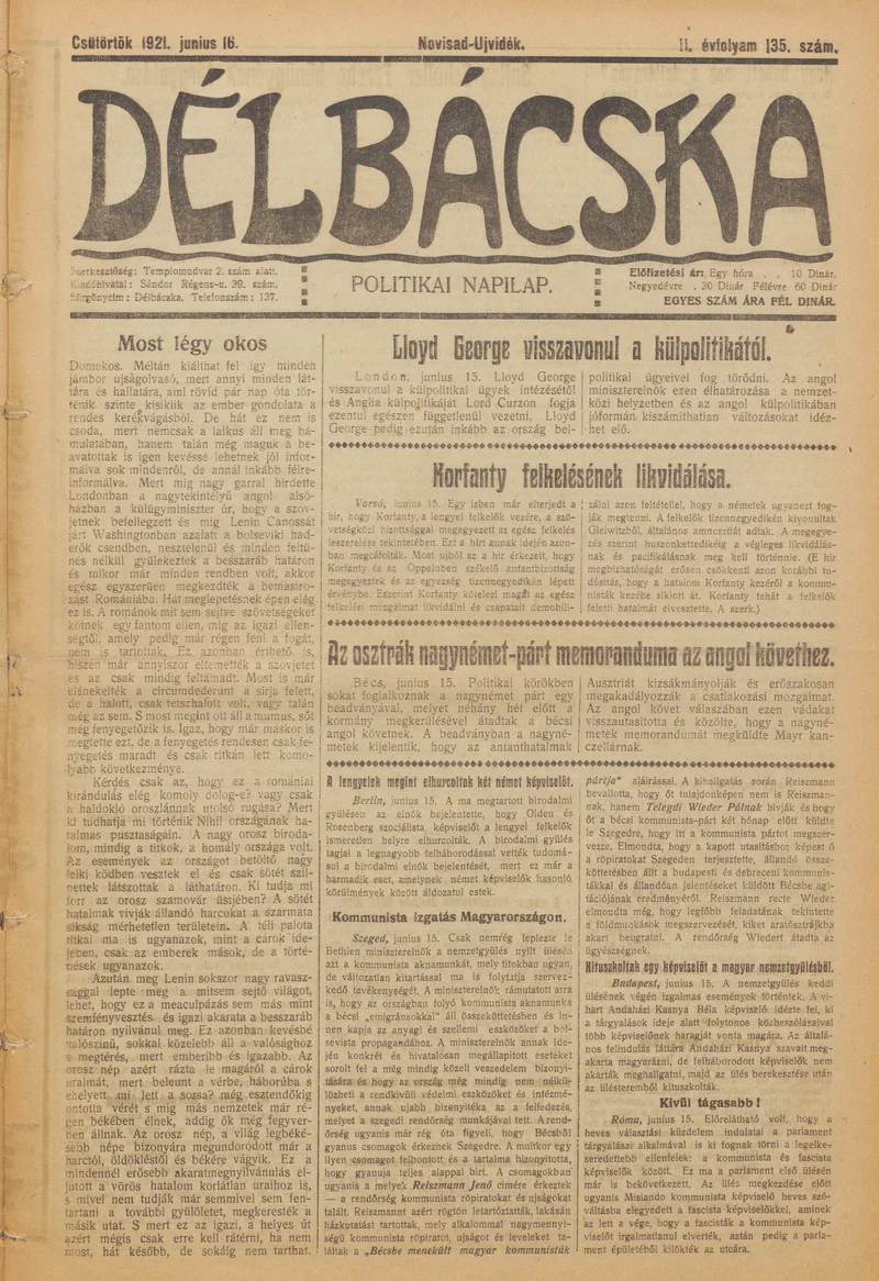 Délbácska, 2. évf. 1921. június 16. 135. sz.