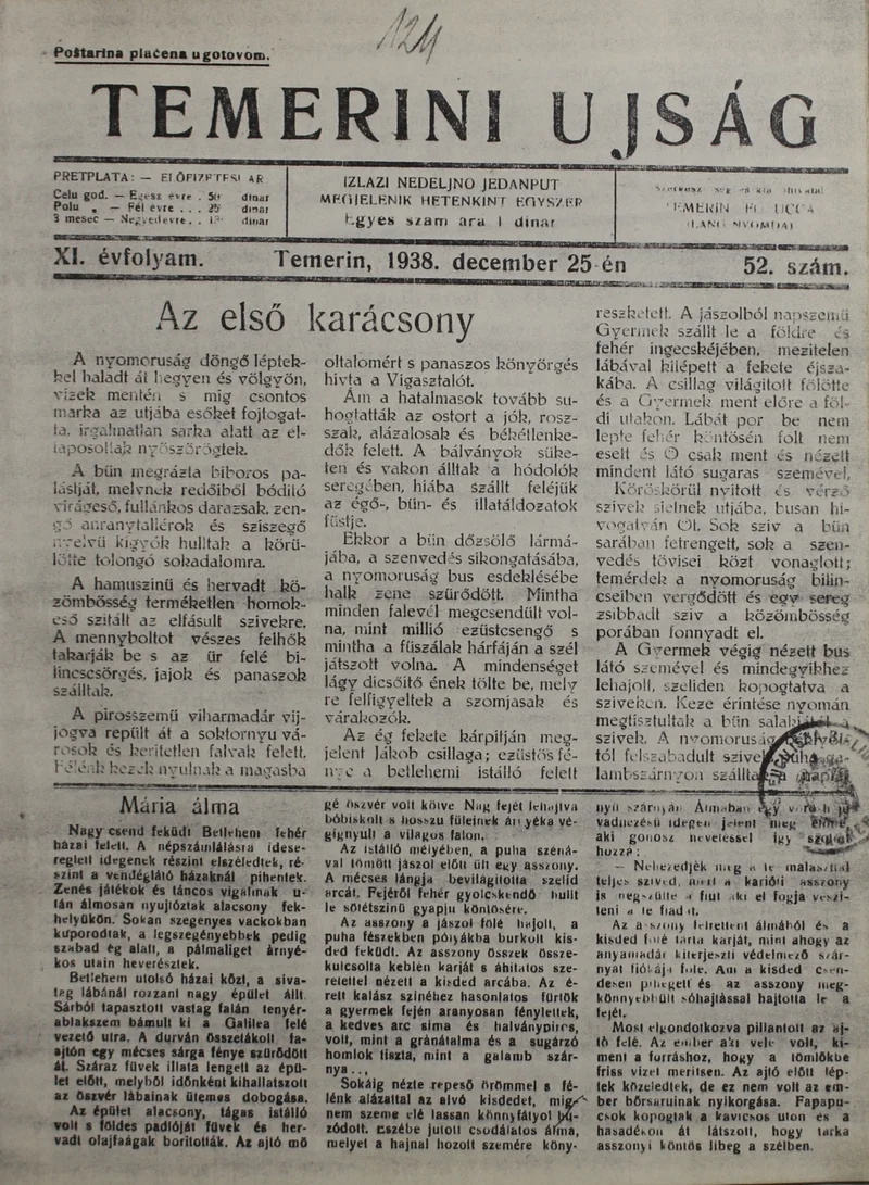 Temerini Újság 1928-1944, 11. évf. 1938. december 25. 52. sz.