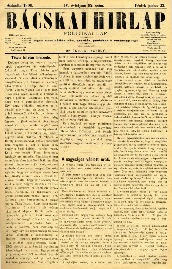 Bácskai Hirlap, 4. évf. 1900. június 22. 92. sz.