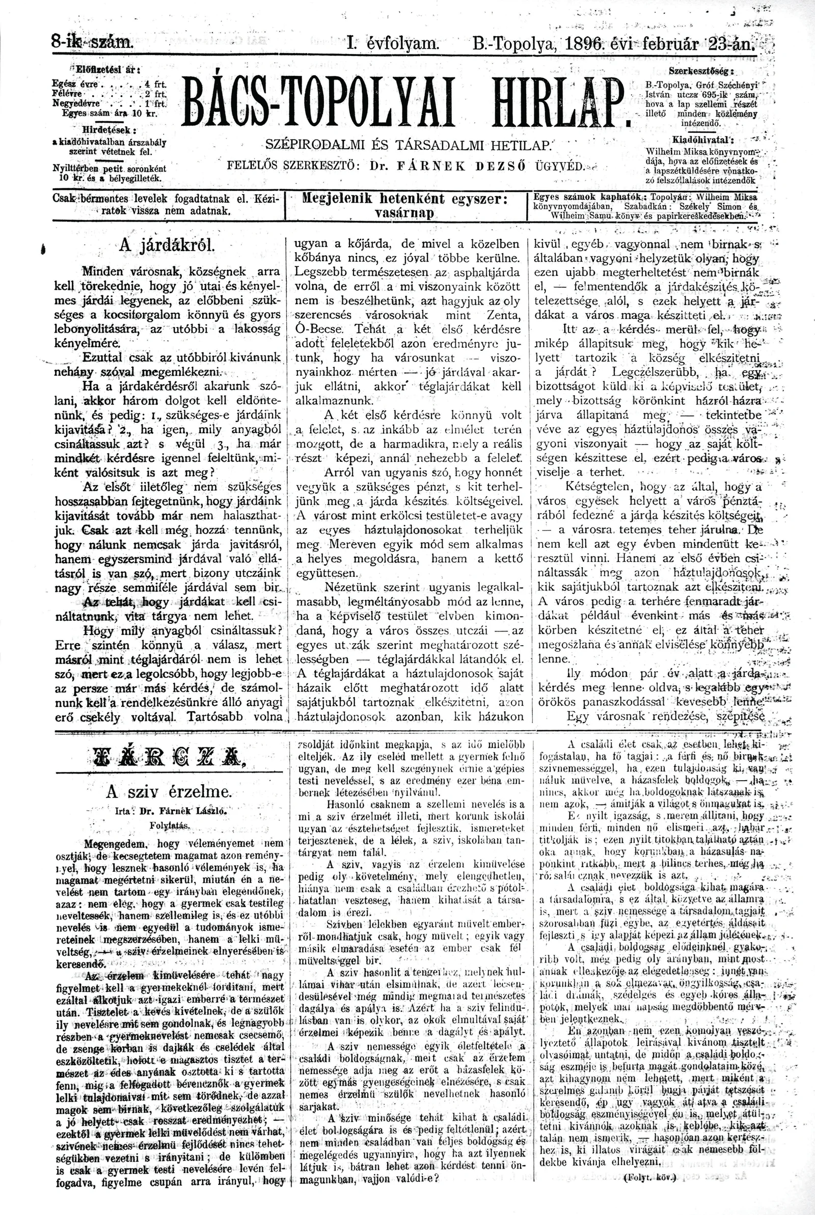 Bács-Topolyai Hirlap, 1. évf. 1896. február 23. 8. sz.