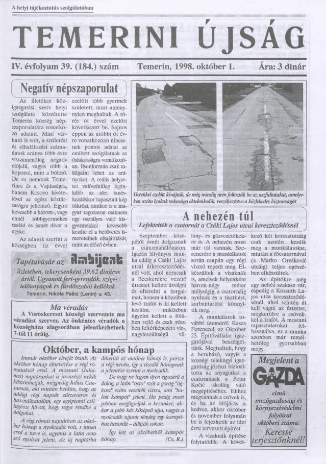 Temerini Újság, 4. évf. 1998. október 1. 39. sz.