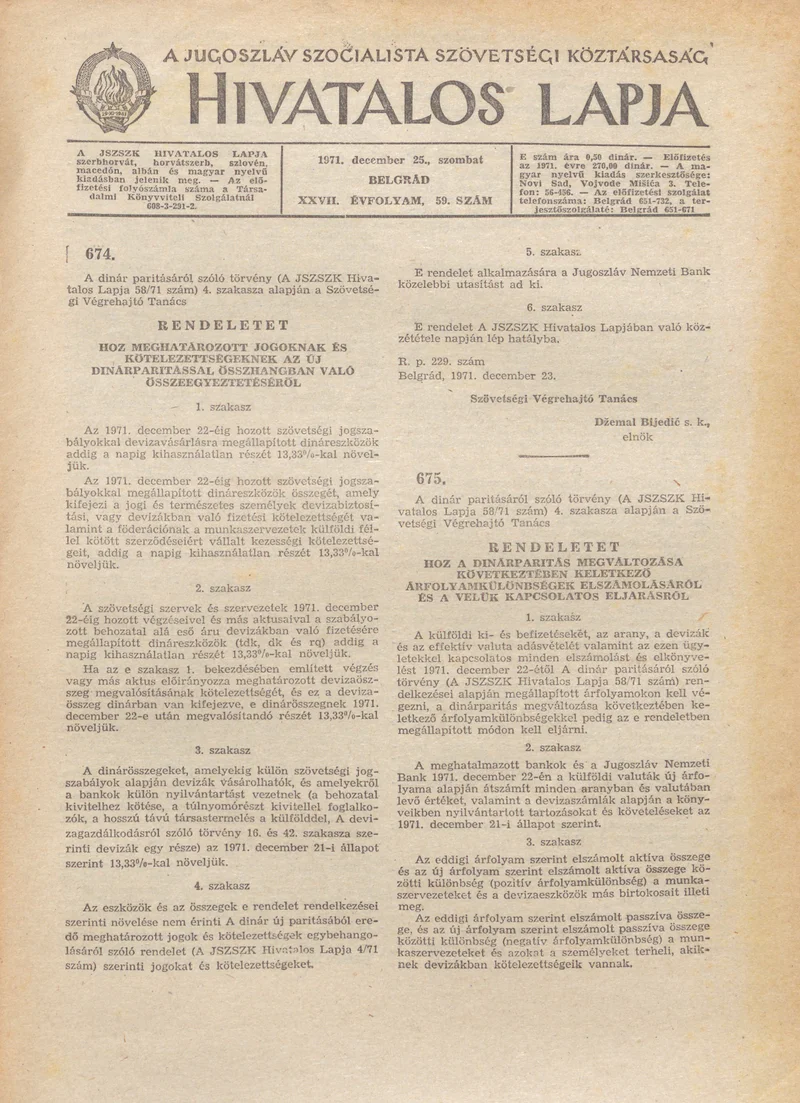 A Jugoszláv Szocialista Szövetségi Köztársaság Hivatalos Lapja, 27. évf. 1971. december 25. 59. sz. 1117–1120. oldal