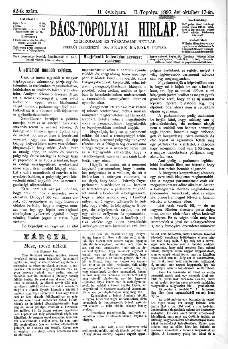 Bács-Topolyai Hirlap, 2. évf. 1897. október 17. 42. sz.