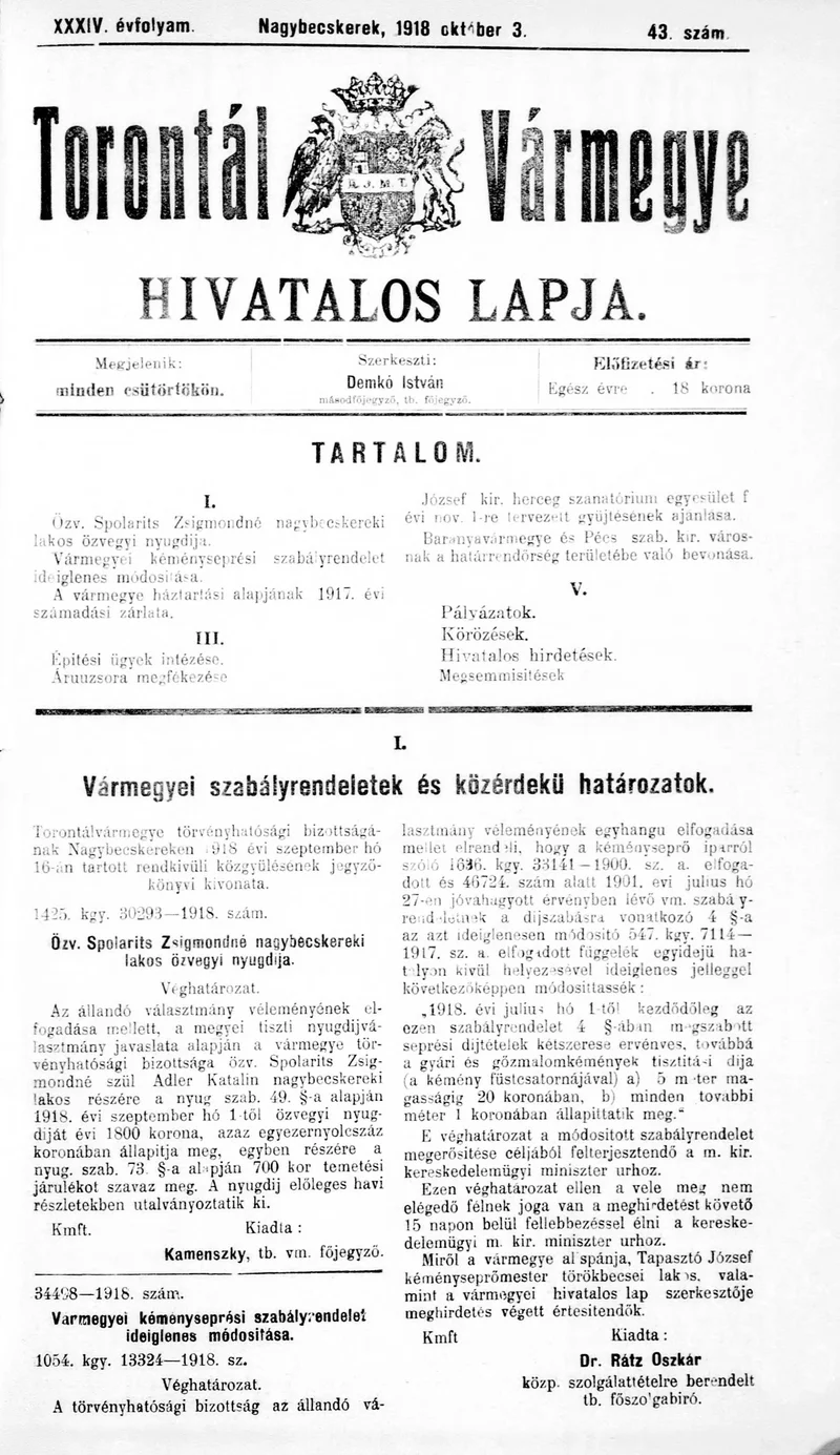 Torontál Vármegye Hivatalos Lapja, 34. évf. 1918. október 3. 43. sz.