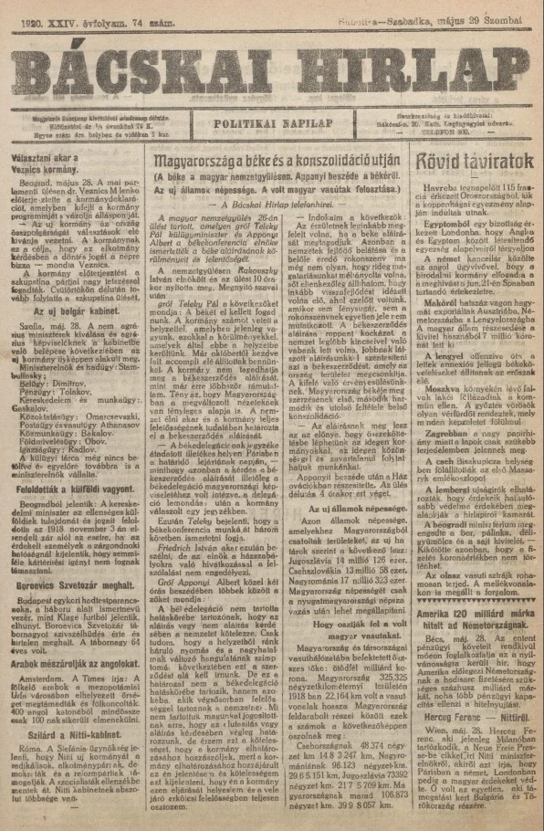 Bácskai Hirlap, 24. évf. 1920. május 29. 74. sz.
