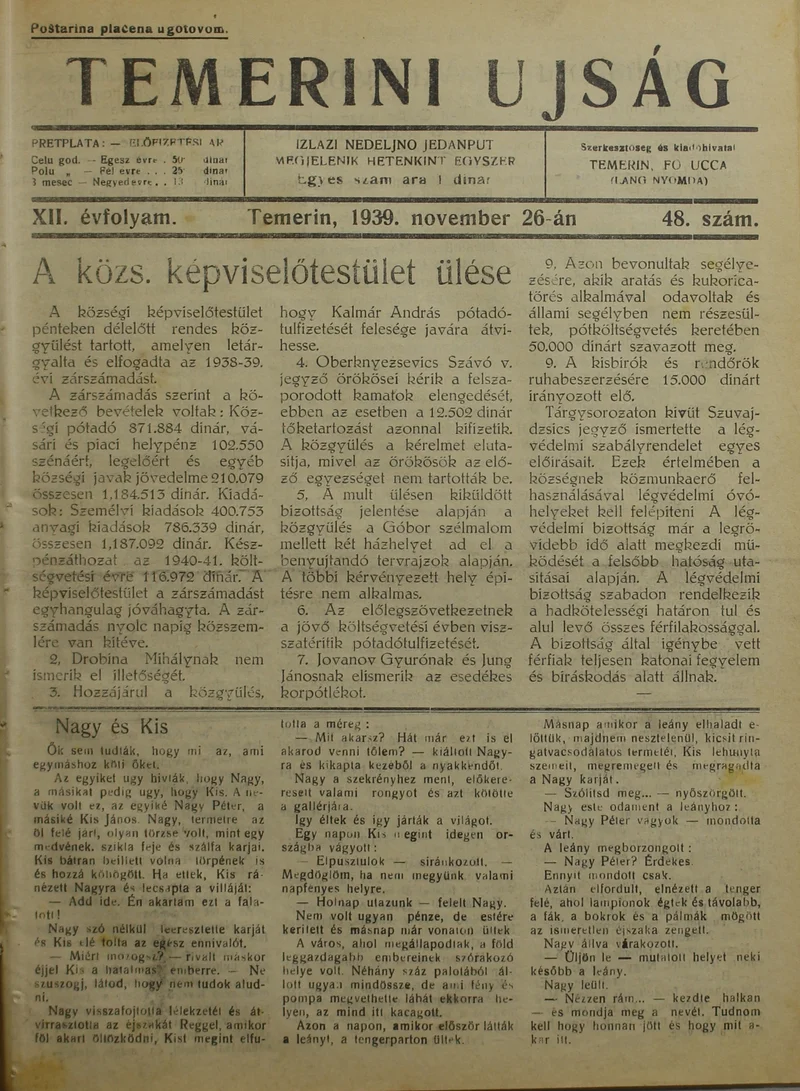 Temerini Újság 1928-1944, 12. évf. 1939. november 26. 48. sz.