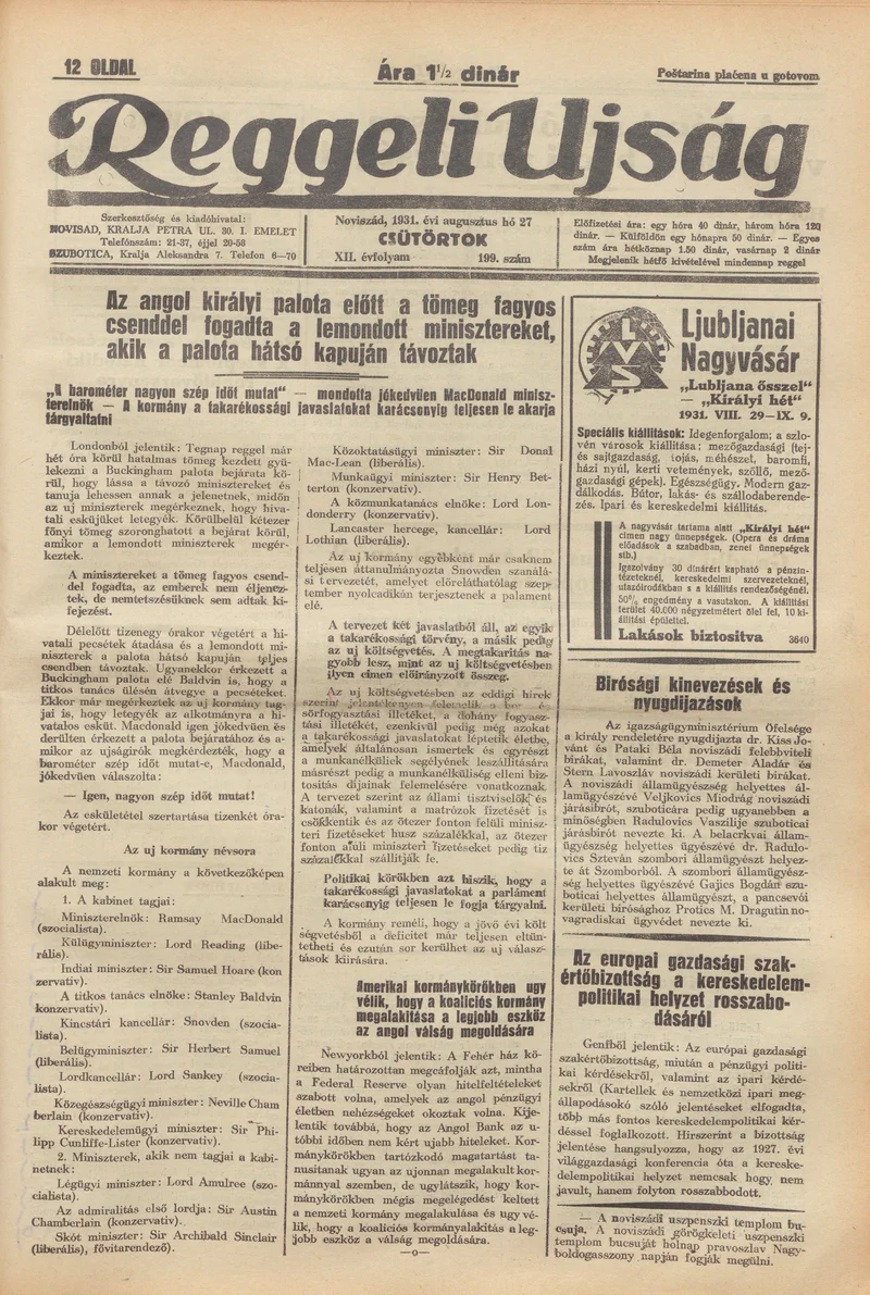 Reggeli Újság, 12. évf. 1931. augusztus 27. 199. sz.