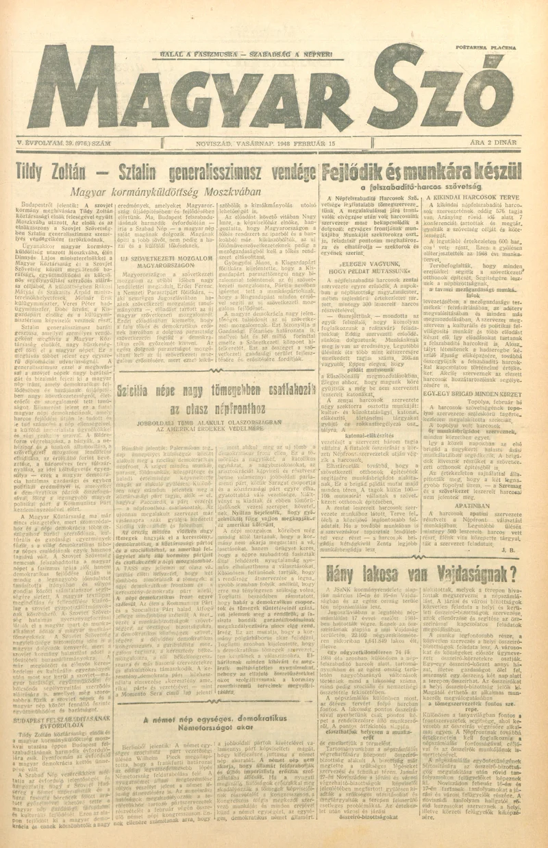 Magyar Szó, 5. évf. 1948. február 15. 39. sz. 1–8. oldal