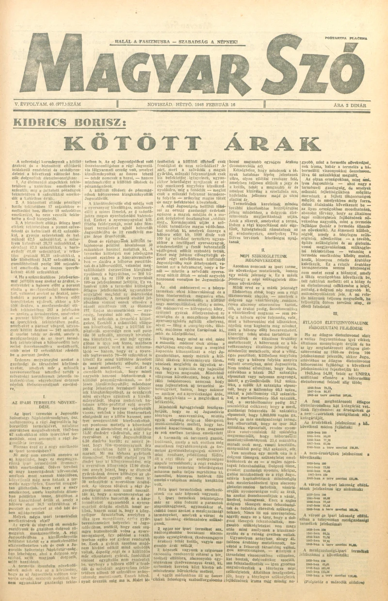 Magyar Szó, 5. évf. 1948. február 16. 40. sz. 1–6. oldal