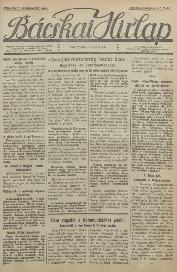Bácskai Hirlap, 24. évf. 1920. augusztus 31. 139. sz.