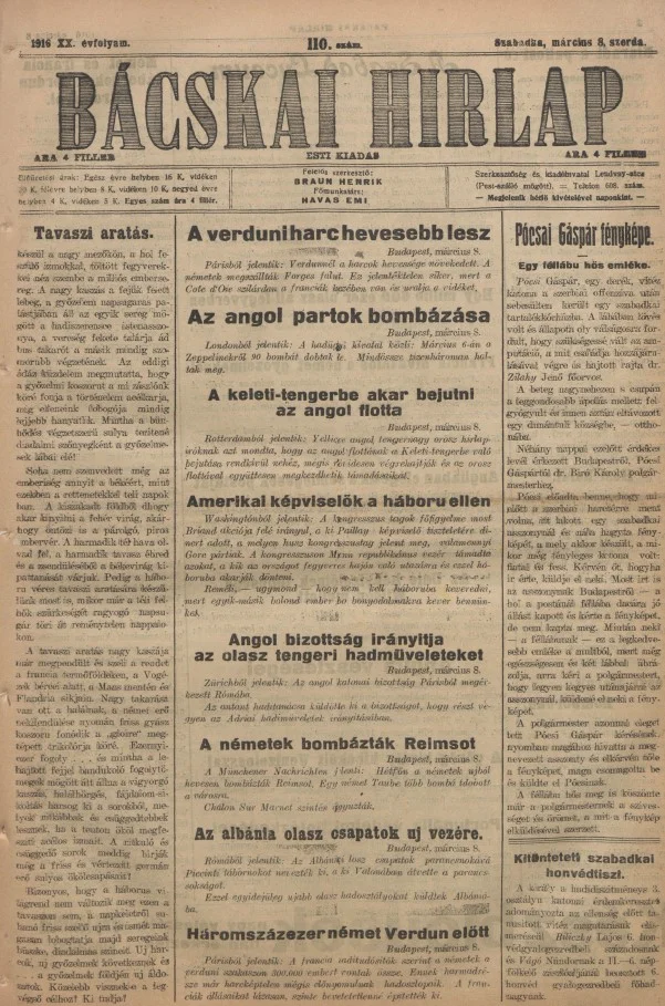 Bácskai Hirlap, 20. évf. 1916. március 8. 110. sz.