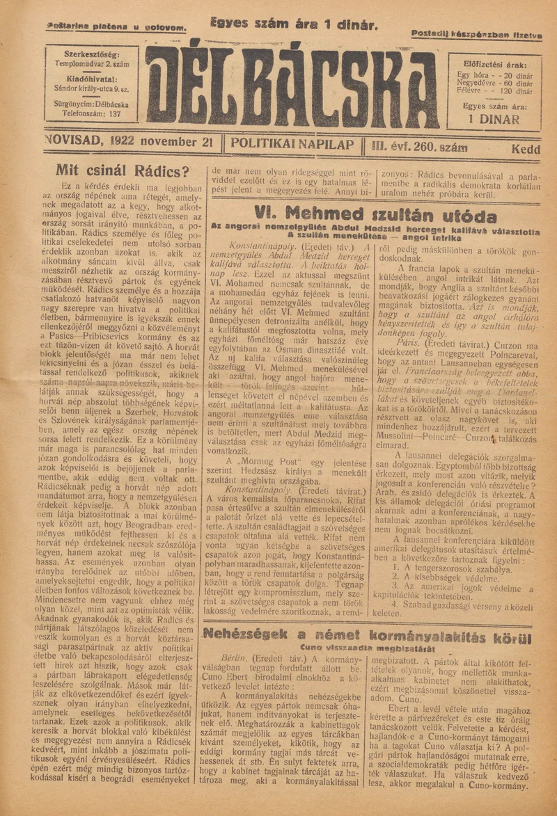 Délbácska, 3. évf. 1922. november 21. 260. sz.