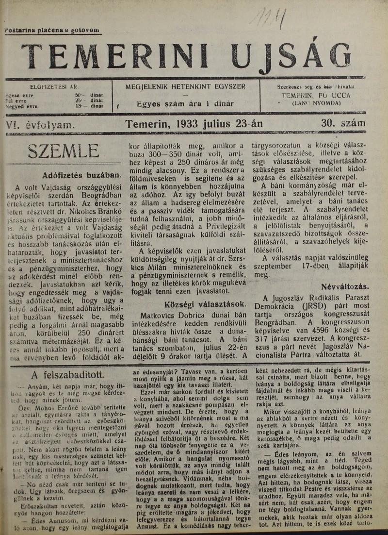 Temerini Újság 1928-1944, 6. évf. 1933. július 23. 30. sz.