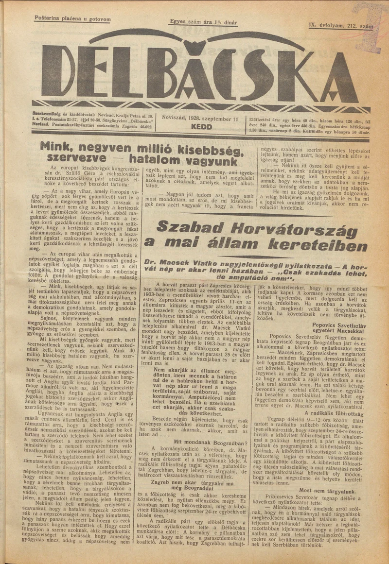 Délbácska, 9. évf. 1928. szeptember 11. 212. sz.