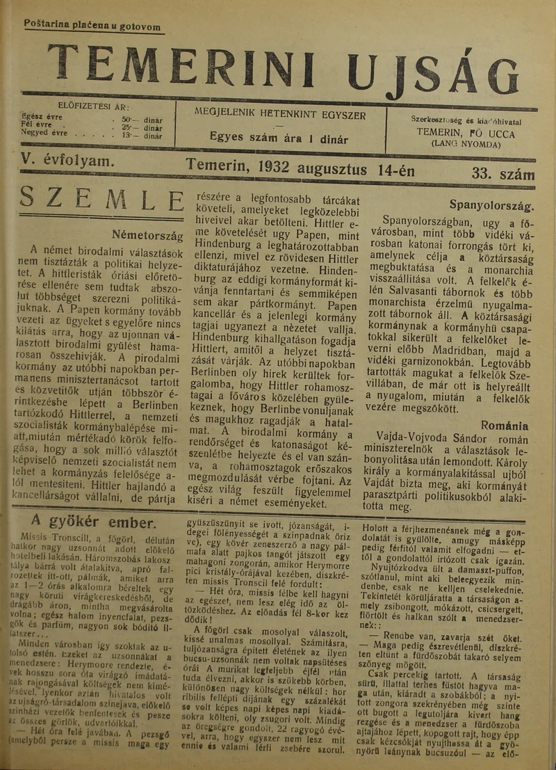 Temerini Újság 1928-1944, 5. évf. 1932. augusztus 14. 33. sz.