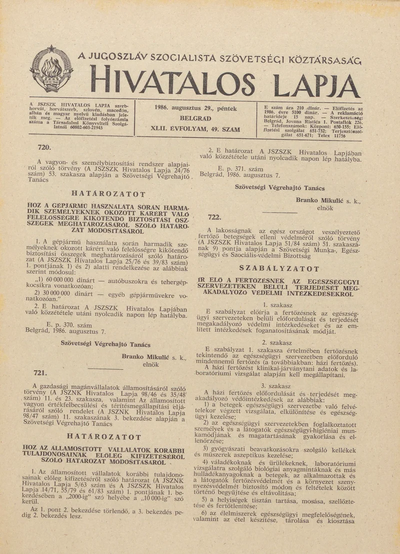 A Jugoszláv Szocialista Szövetségi Köztársaság Hivatalos Lapja, 42. évf. 1986. augusztus 29. 49. sz. 1469–1496. oldal